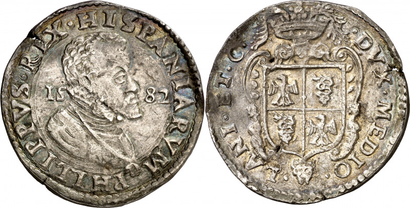 1582. Felipe II. Milán. 1 ducatón. (Vti. 50) (MIR. 308/11). Leve grieta. Precios...