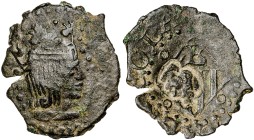 s/d. Felipe III. Banyoles. 1 diner. (AC. 7) (Cru.C.G. 3661). Contramarca cabeza de fraile en reverso, realizada en 1605. 0,73 g. MBC+.