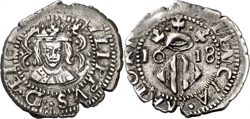 1618. Felipe III. Valencia. 1 divuitè. (AC. 564) (Cru.C.G. 4361e). Muy redonda. ...