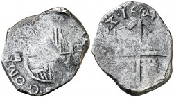 1604. Felipe III. (Sevilla). B. 2 reales. (AC. 663). Tipo "OMNIVM". Fecha en reverso. Pátina oscura. Escasa. 6,66 g. (BC+).