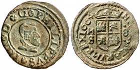 1664. Felipe IV. M (Madrid). S. 8 maravedís. (AC. 372). Pátina verde. Buen ejemplar. 2,41 g. MBC+.
