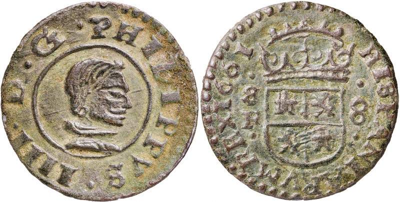 1661. Felipe IV. Sevilla. R. 8 maravedís. (AC. 405). Pátina verde. Ex Áureo 20/0...