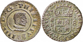 1661. Felipe IV. Sevilla. R. 8 maravedís. (AC. 405). Pátina verde. Ex Áureo 20/09/2001, nº 1234. 2,10 g. MBC+.