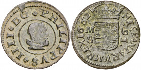 1662. Felipe IV. M (Madrid). S. 16 maravedís. (AC. 468). Valor al revés. Buen ejemplar. Ex Áureo 26/01/2000, nº 866. 4,41 g. MBC+.