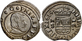1664. Felipe IV. M (Madrid). S. 16 maravedís. (AC. 480). Cospel irregular. Atractiva. 3,76 g. EBC-.
