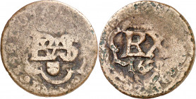1659. Felipe IV. Valladolid. (AC. 522). Resello de valor (II) sobre un doble tornés de Francia 1629. 2,78 g. BC+.