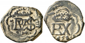 1658. Felipe IV. MD (Madrid). (AC. 523, mismo ejemplar). Resello de valor IIII (rectificado sore VIII) sobre un cospel virgen. El resello ocupa toda l...