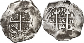 1656. Felipe IV. Potosí. E. 2 reales. (AC. 922). PH sobre las columnas. Doble fecha. Rara. 5,96 g. MBC-.