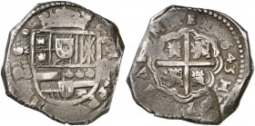 1643. Felipe IV. MD (Madrid). B. 8 reales. (AC. 1272). La leyenda del reverso comienza a las 4h del reloj. Las A de HISPANIARVM son V invertidas. La B...