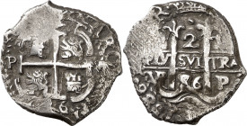 1686. Carlos II. Potosí. VR. 2 reales. (AC. 419). Visible el nombre del rey. Triple fecha, una parcial, la de la gráfila completa. Rara así. 6,72 g. M...