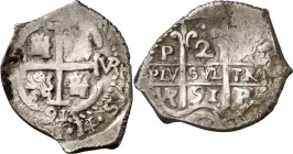 1691. Carlos II. Potosí. VR. 2 reales. (AC. 424). Doble fecha y doble ensayador. 6,99 g. MBC.