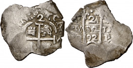1692. Carlos II. Potosí. VR. 2 reales. (AC. 425). 7 g. MBC-.