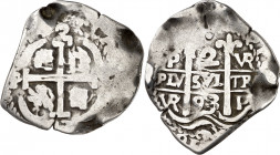 1693. Carlos II. Potosí. VR. 2 reales. (AC. 426). Doble fecha, una parcial. Golpecitos. 4,09 g. (MBC-).