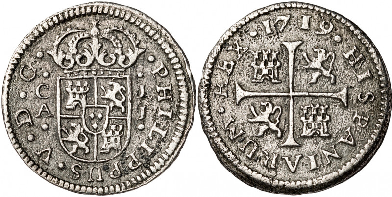 1719. Felipe V. Cuenca. 1/2 real. (AC. 105). Impurezas. 1,32 g. MBC-.