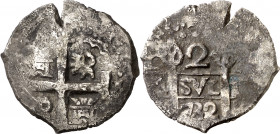 1732. Felipe V. Lima. N. 2 reales. (AC. 745). Oxidaciones. Ex Áureo 23/01/2002, nº 1155. 6,19 g. MBC-.