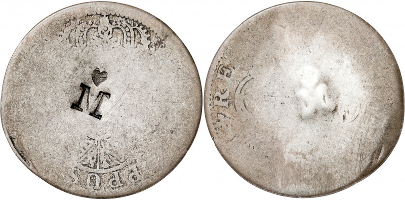 Felipe V. 2 reales. Resello M con corazón encima. 4,59 g. BC-.