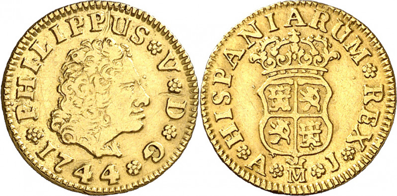 1744. Felipe V. Madrid. AJ. 1/2 escudo. (AC. 1637). Rayita. Bonito color. 1,76 g...