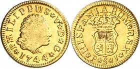 1744. Felipe V. Sevilla. PJ. 1/2 escudo. (AC. 1649). Tercer busto. Resto de soldadura en reverso. 1,74 g. (MBC-).