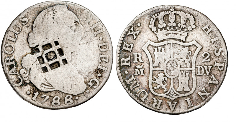 1788. Carlos III. Madrid. DV. 2 reales. Resello de Vique (Cuba) (De mey 481). 5,...