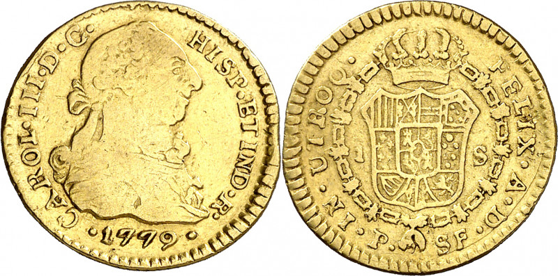 1779. Carlos III. Popayán. SF. 1 escudo. (AC. 1422) (Restrepo 54-14). Ex Áureo 1...