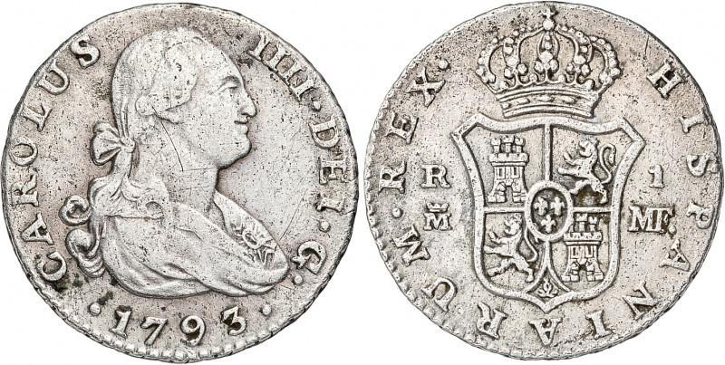 1793. Carlos IV. Madrid. MF. 1 real. (AC. 414). Rayitas. 3 g. MBC.