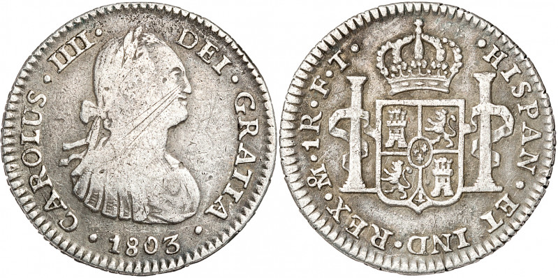 1803. Carlos IV. México. FT. 1 real. (AC. 450). Rayitas. 3,24 g. BC+/MBC-.