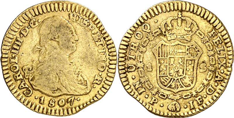 1807. Carlos IV. Popayán. JF. 1 escudo. (AC. 1170) (Restrepo 85-38). Cospel algo...