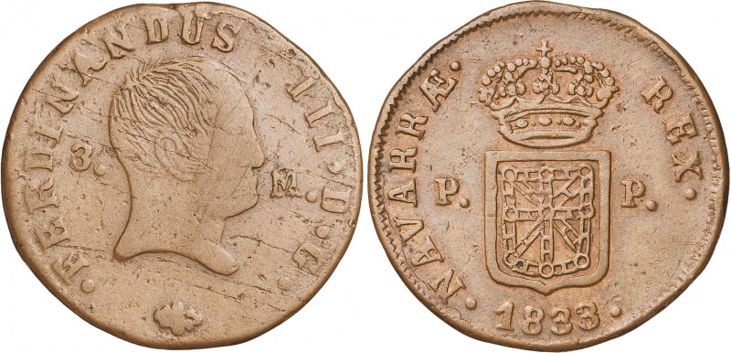 1833. Fernando VII. Pamplona. 3 maravedís. (AC. 53). 5,65 g. BC/MBC+.