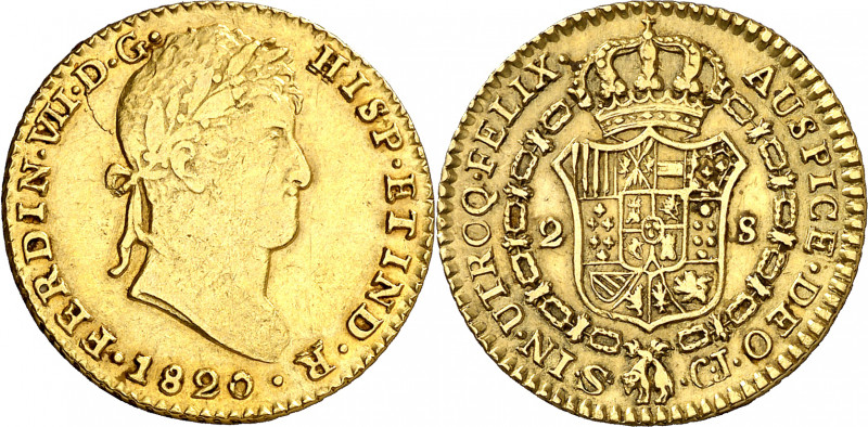 1820. Fernando VII. Sevilla. CJ. 2 escudos. (AC. 1676). Rayitas. 6,75 g. MBC+.