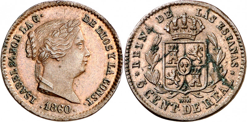 1860. Isabel II. Segovia. 5 céntimos de real. (AC. 165). Manchitas en reverso. B...