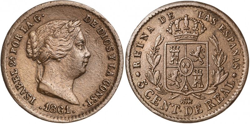 1861. Isabel II. Segovia. 5 céntimos de real. (AC. 166). Escasa. 1,93 g. MBC.