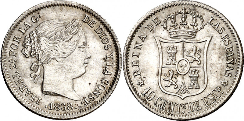 1868*68. Isabel II. Madrid. 10 céntimos de escudo. (AC. 341). Bella. 1,29 g. EBC...