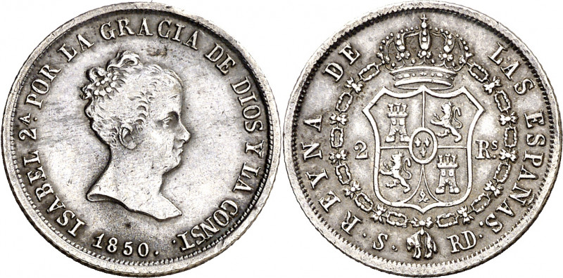 1850. Isabel II. Sevilla. RD. 2 reales. (AC. 387). Leves golpecitos. Escasa. 2,5...