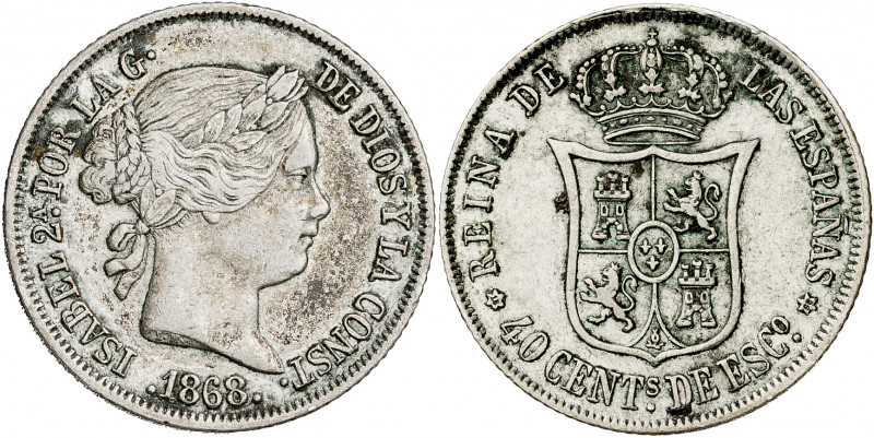 1868*1868. Isabel II. Madrid. 40 céntimos de escudo. (AC. 503). 5,19 g. MBC.