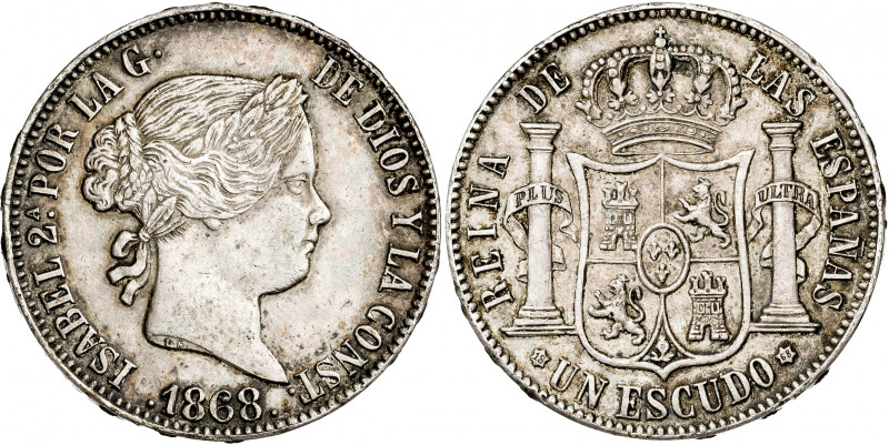 1868*1868. Isabel II. Madrid. 1 escudo. (AC. 567). Golpecitos. 12,17 g. MBC/MBC+...