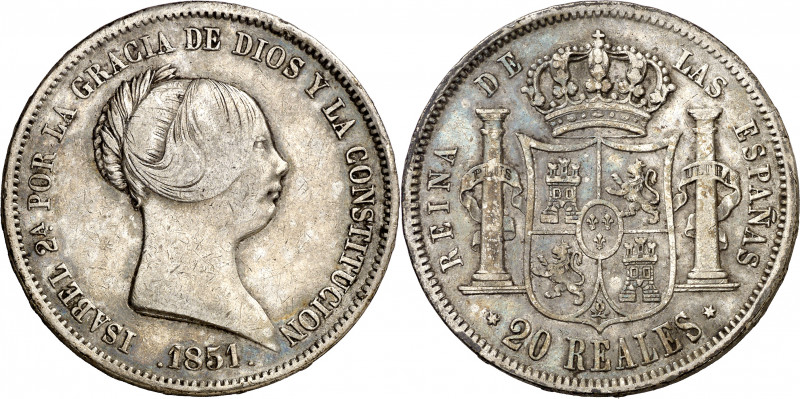 1851. Isabel II. Madrid. 20 reales. (AC. 593). Golpecito. Pátina. 25,90 g. MBC-/...