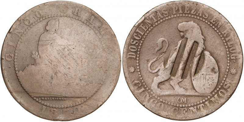 1870. Gobierno Provisional. Barcelona. OM. 5 céntimos. Contramarca escudo catalá...