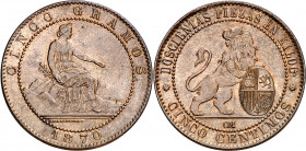 1870. Gobierno Provisional. Barcelona. OM. 5 céntimos. (AC. 5). Bella. 4 ,69 g. S/C-.
