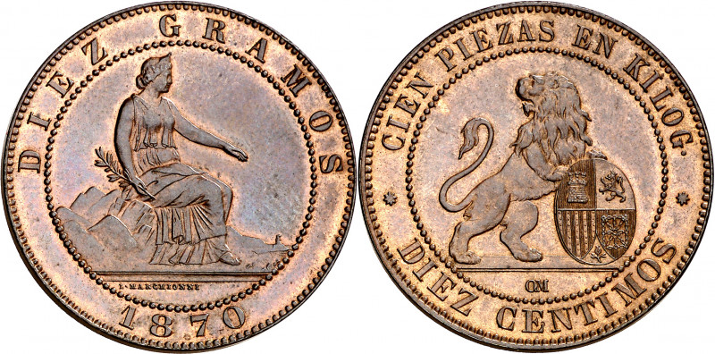 1870. Gobierno Provisional. Barcelona. OM. 10 céntimos. (AC. 8). Bellísima. Bril...