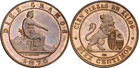 1870. Gobierno Provisional. Barcelona. OM. 10 céntimos. (AC. 8). Bellísima. Brillo original. Ex Áureo 07/03/2001, nº 2200. Rara así. 10 g. S/C.