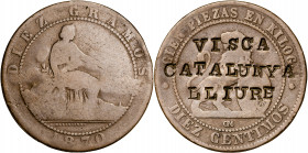 1870. Gobierno Provisional. Barcelona. OM. 10 céntimos. Contramarca política: VISCA/CATALUNYA/LLIURE. 9,53 g. BC+.