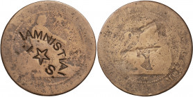 (1870). Gobierno Provisional. Barcelona. OM. 10 céntimos. Contramarca política: ¡AMNISTIA!/JS. 8,99 g. BC.