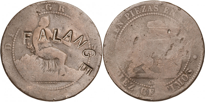 1870. Gobierno Provisional. Barcelona. OM. 10 céntimos. Contramarca FALANGE. 9,6...