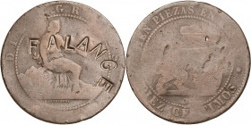 1870. Gobierno Provisional. Barcelona. OM. 10 céntimos. Contramarca FALANGE. 9,60 g. BC-.