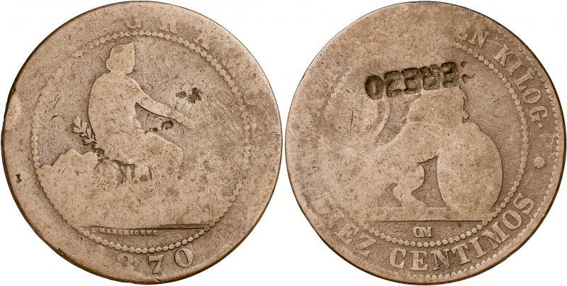 1870. Gobierno Provisional. Barcelona. OM. 10 céntimos. Contramarca CEREZO. 9,15...