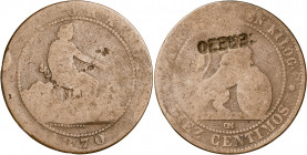 1870. Gobierno Provisional. Barcelona. OM. 10 céntimos. Contramarca CEREZO. 9,15 g. BC-.