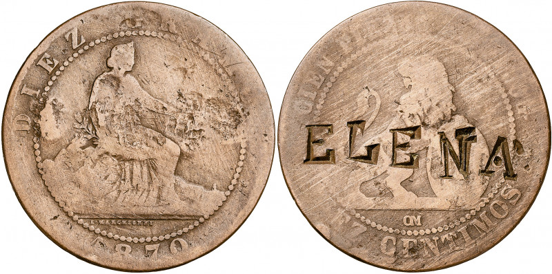 1870. Gobierno Provisional. Barcelona. OM. 10 céntimos. Contramarca: ELENA. 9,63...