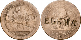 1870. Gobierno Provisional. Barcelona. OM. 10 céntimos. Contramarca: ELENA. 9,63 g. BC+.