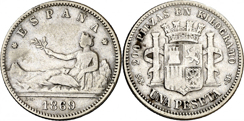 1869*--69. Gobierno Provisional. SNM. 1 peseta. (AC. 17). ESPAÑA. Muy escasa. 4,...