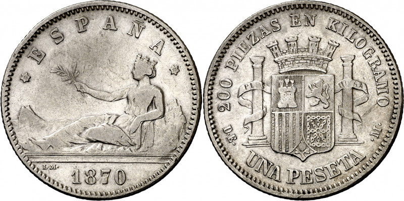 1870*1873. I República. DEM. 1 peseta. (AC. 19). 4,85 g. MBC-/MBC.